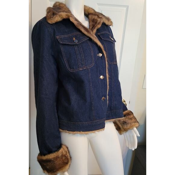 Fabulous Furs Denim Jeans Faux Fur Lined Jacket Button Women's Size L USA - Picture 3 of 8